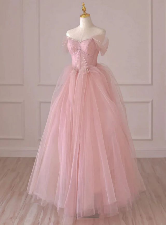 Pink Tulle Beading Pleats Prom Dress