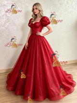 Red Sequins Puff Sleeve Prom Dress