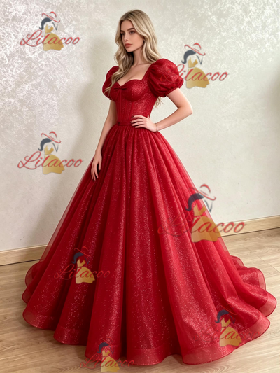 Red Sequins Puff Sleeve Prom Dress