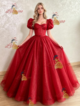 Red Sequins Puff Sleeve Prom Dress