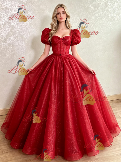 Red Sequins Puff Sleeve Prom Dress