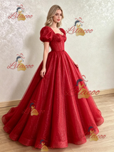 Red Sequins Puff Sleeve Prom Dress