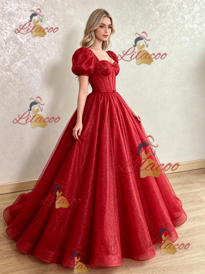 Red Sequins Puff Sleeve Prom Dress