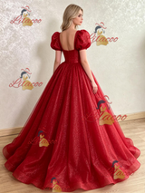 Red Sequins Puff Sleeve Prom Dress