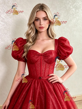 Red Sequins Puff Sleeve Prom Dress