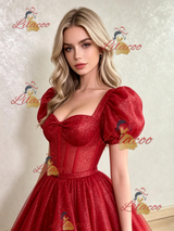 Red Sequins Puff Sleeve Prom Dress