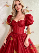 Red Sequins Puff Sleeve Prom Dress