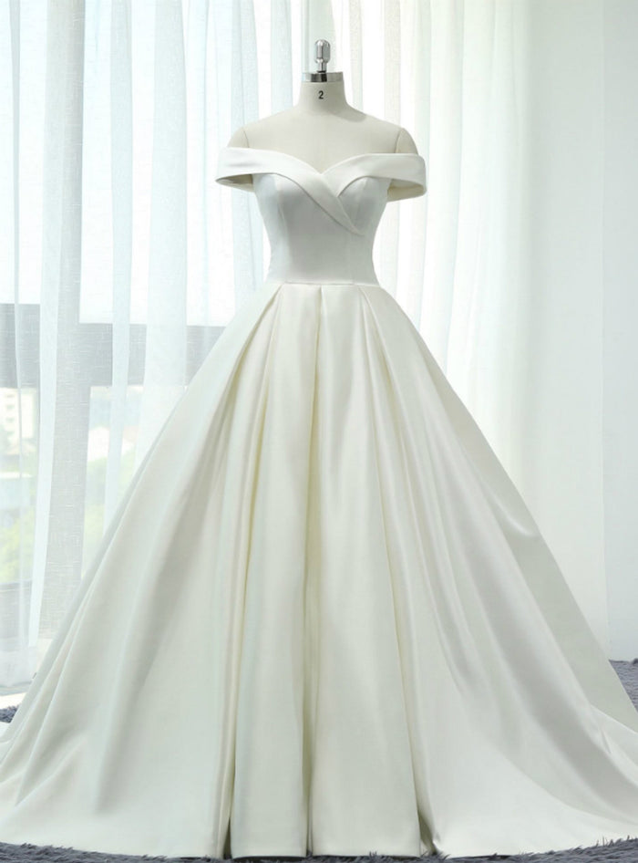 White Satin Off The Shoulder Wedding Dress