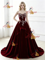 Bugrundy Velvet Strapless Appliques Prom Dress