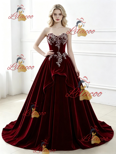 Bugrundy Velvet Strapless Appliques Prom Dress