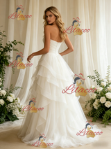 White Tulle Strapless Pleats Wedding Dress