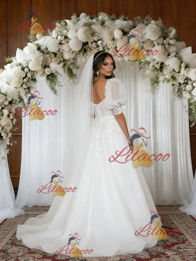 White Tulle Appliques Puff Sleeve Wedding Dress