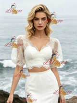 White Mermaid Two Piece Puff Sleeve Wedding Dress