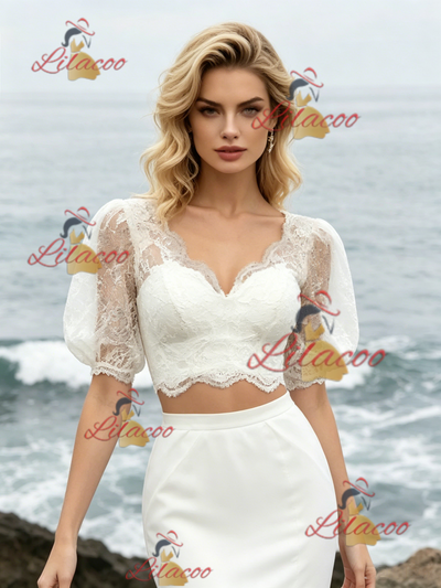 White Mermaid Two Piece Puff Sleeve Wedding Dress