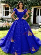 Blue Sequins Straps Quinceanera Dress