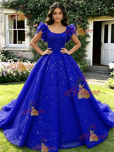 Blue Sequins Straps Quinceanera Dress