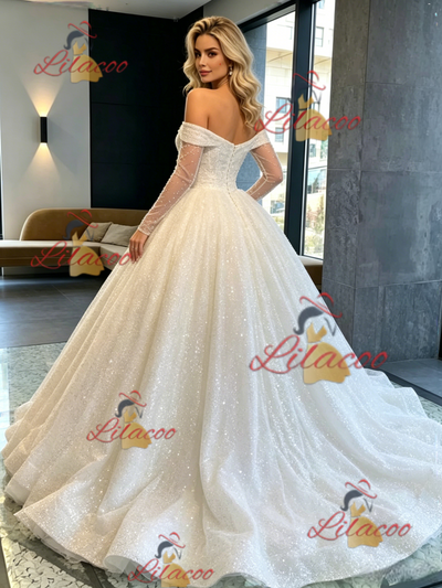 White Sequins Long Sleeve Off the Shoulder Wedding Dress