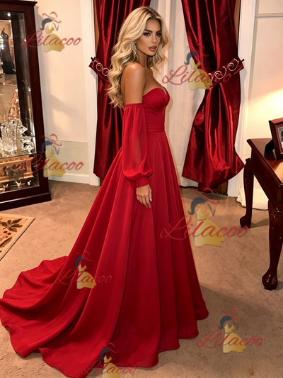 Red Long Sleeve Strapless Prom Dress