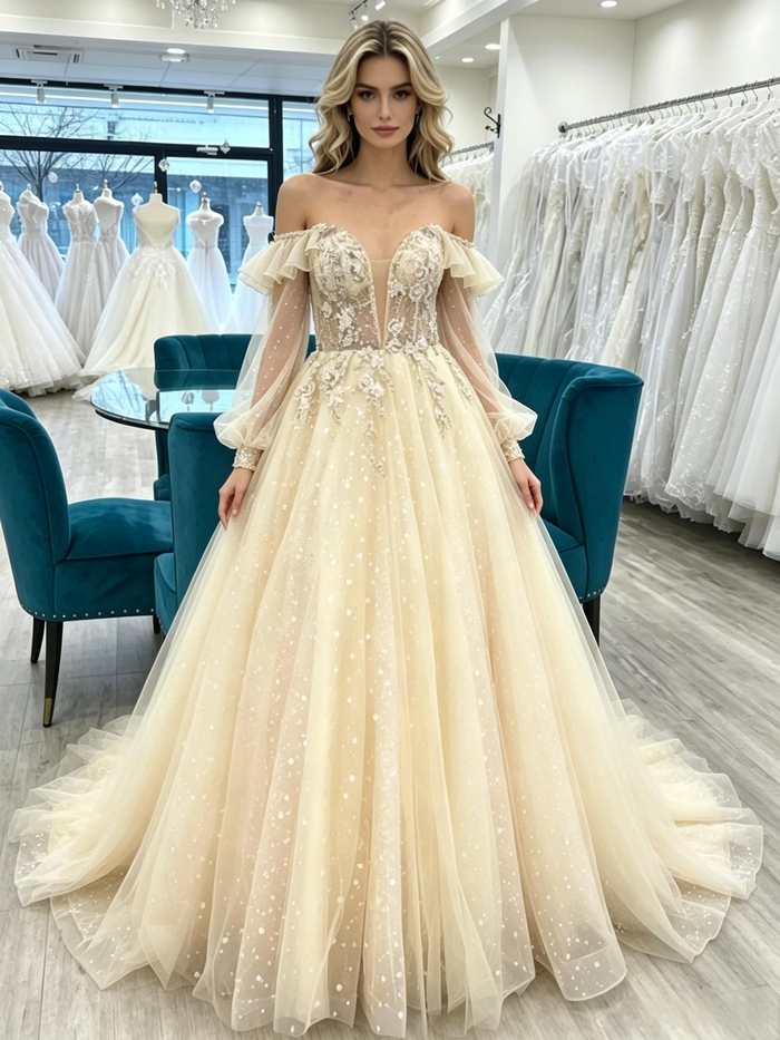 Champagne Tulle Long Sleeve Appliques Prom Dress