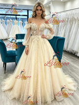 Champagne Tulle Long Sleeve Appliques Prom Dress