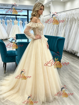 Champagne Tulle Long Sleeve Appliques Prom Dress