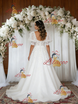 White Tulle Appliques Puff Sleeve Wedding Dress