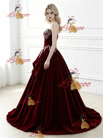 Bugrundy Velvet Strapless Appliques Prom Dress