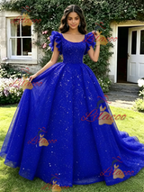 Blue Sequins Straps Quinceanera Dress