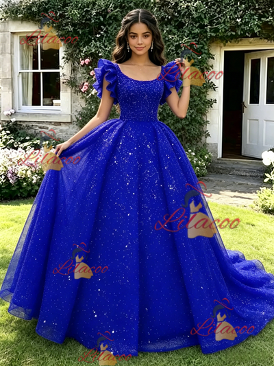 Blue Sequins Straps Quinceanera Dress