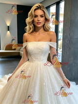 White Sequins Long Sleeve Off the Shoulder Wedding Dress