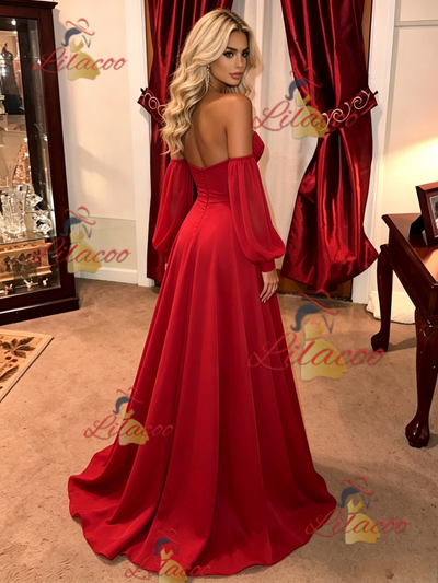 Red Long Sleeve Strapless Prom Dress