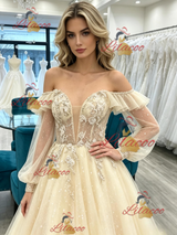 Champagne Tulle Long Sleeve Appliques Prom Dress