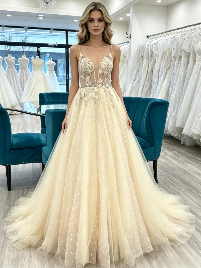 Champagne Tulle Lace Appliques Prom Dress