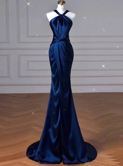Simple Navy Blue Mermaid Satin Prom Dress