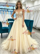 Champagne Tulle Lace Appliques Prom Dress