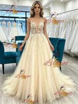 Champagne Tulle Lace Appliques Prom Dress