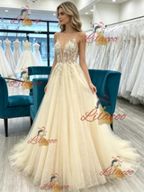 Champagne Tulle Lace Appliques Prom Dress