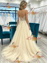 Champagne Tulle Lace Appliques Prom Dress