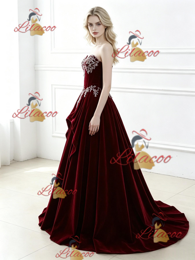 Bugrundy Velvet Strapless Appliques Prom Dress