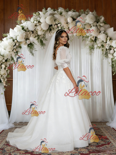 White Tulle Appliques Puff Sleeve Wedding Dress