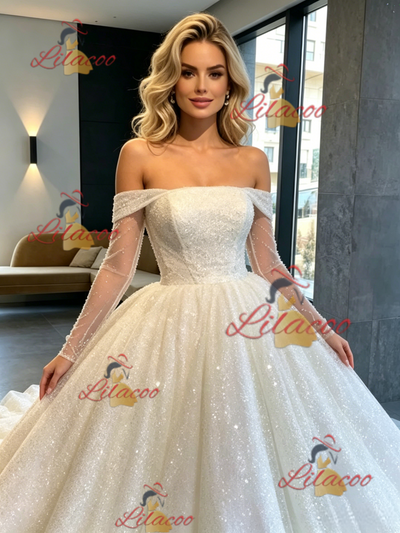 White Sequins Long Sleeve Off the Shoulder Wedding Dress