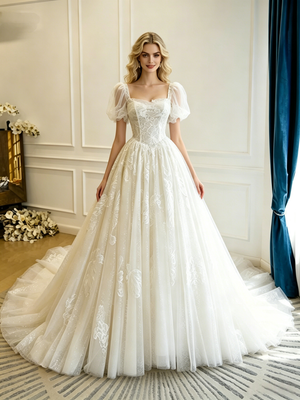 Beige White Lace Puff Sleeve Wedding Dress