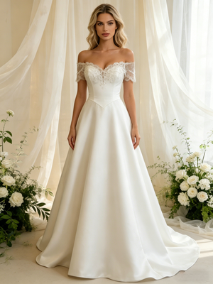 White Off the Shoulder Satin Lace Wedding Dress