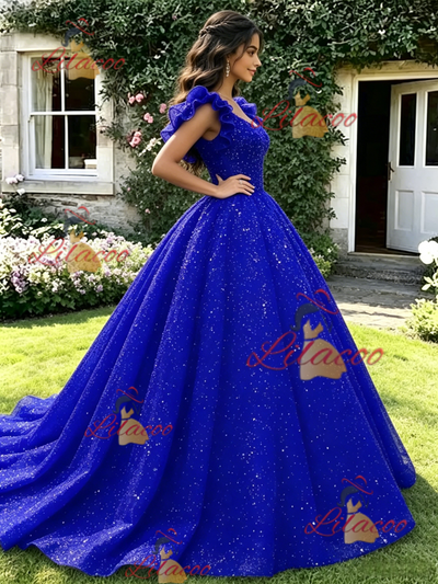 Blue Sequins Straps Quinceanera Dress