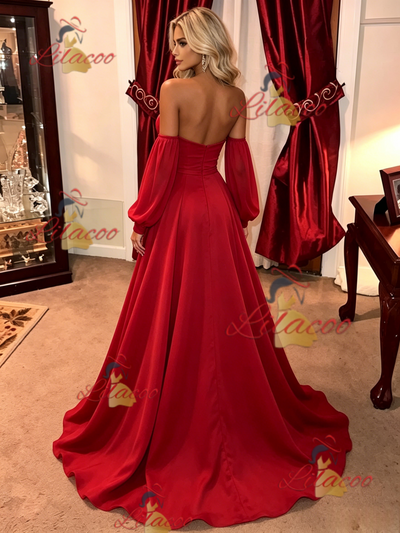 Red Long Sleeve Strapless Prom Dress