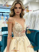 Champagne Tulle Lace Appliques Prom Dress