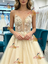 Champagne Tulle Lace Appliques Prom Dress