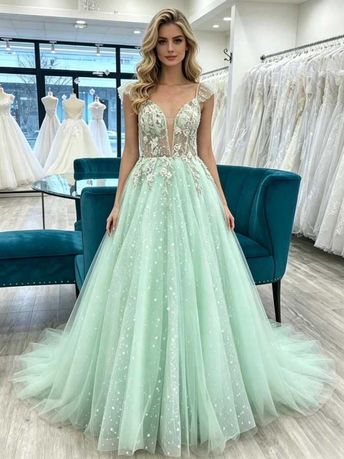 Green Tulle Straps Appliques Prom Dress