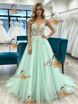 Green Tulle Straps Appliques Prom Dress