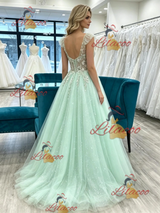 Green Tulle Straps Appliques Prom Dress